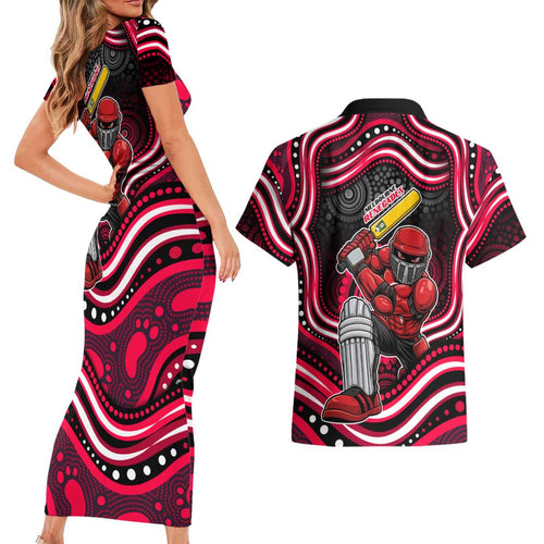 Melbourne Renegades Cricket Couples Matching Short Sleeve Bodycon Dress and Hawaiian Shirt Australian Cricket Mascot - Modern Indigenous Style