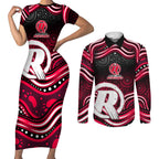 Melbourne Renegades Cricket Couples Matching Short Sleeve Bodycon Dress and Long Sleeve Button Shirt Australian Cricket Mascot - Modern Indigenous Style