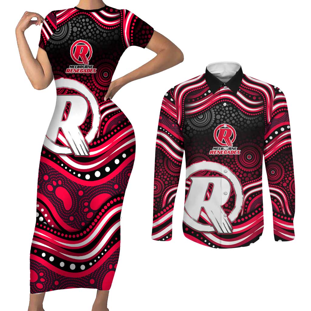 Melbourne Renegades Cricket Couples Matching Short Sleeve Bodycon Dress and Long Sleeve Button Shirt Australian Cricket Mascot - Modern Indigenous Style