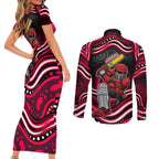 Melbourne Renegades Cricket Couples Matching Short Sleeve Bodycon Dress and Long Sleeve Button Shirt Australian Cricket Mascot - Modern Indigenous Style