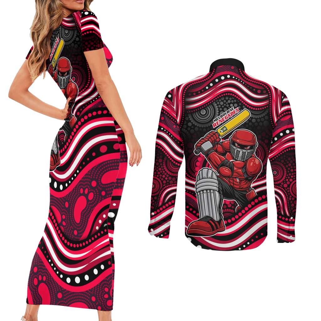 Melbourne Renegades Cricket Couples Matching Short Sleeve Bodycon Dress and Long Sleeve Button Shirt Australian Cricket Mascot - Modern Indigenous Style