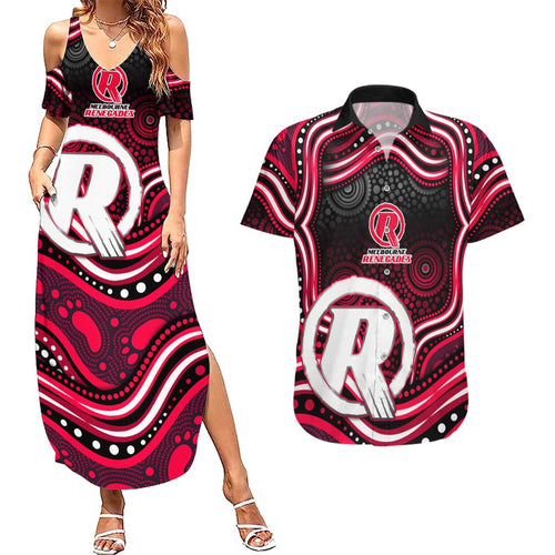 Melbourne Renegades Cricket Couples Matching Summer Maxi Dress and Hawaiian Shirt Australian Cricket Mascot - Modern Indigenous Style