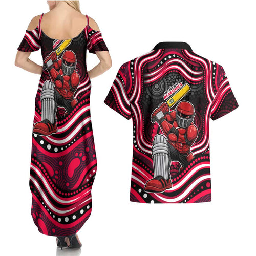 Melbourne Renegades Cricket Couples Matching Summer Maxi Dress and Hawaiian Shirt Australian Cricket Mascot - Modern Indigenous Style