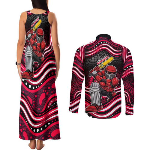 Melbourne Renegades Cricket Couples Matching Tank Maxi Dress and Long Sleeve Button Shirt Australian Cricket Mascot - Modern Indigenous Style