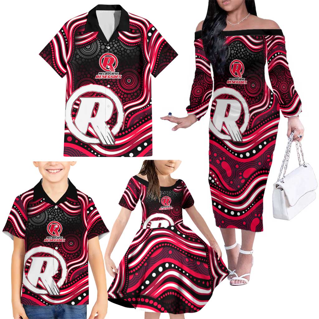 Melbourne Renegades Cricket Family Matching Off The Shoulder Long Sleeve Dress and Hawaiian Shirt Australian Cricket Mascot - Modern Indigenous Style