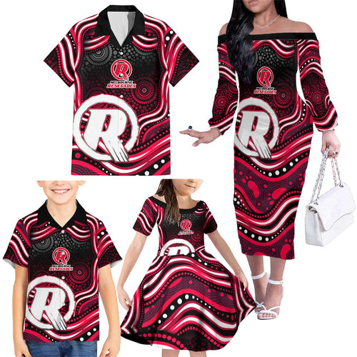 Melbourne Renegades Cricket Family Matching Off The Shoulder Long Sleeve Dress and Hawaiian Shirt Australian Cricket Mascot - Modern Indigenous Style