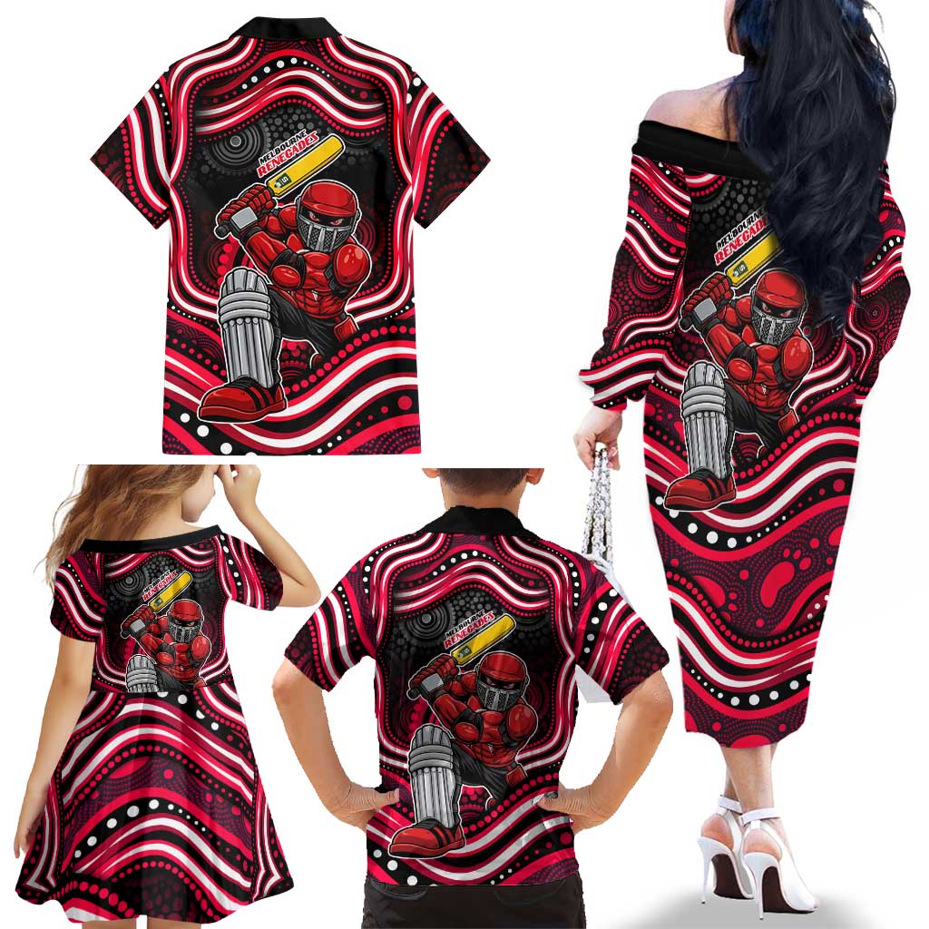 Melbourne Renegades Cricket Family Matching Off The Shoulder Long Sleeve Dress and Hawaiian Shirt Australian Cricket Mascot - Modern Indigenous Style