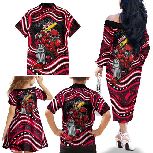 Melbourne Renegades Cricket Family Matching Off The Shoulder Long Sleeve Dress and Hawaiian Shirt Australian Cricket Mascot - Modern Indigenous Style