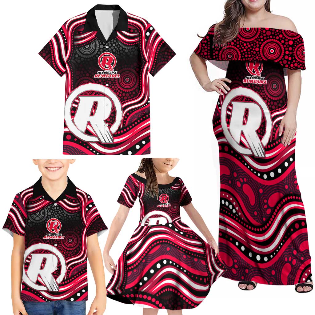 Melbourne Renegades Cricket Family Matching Off Shoulder Maxi Dress and Hawaiian Shirt Australian Cricket Mascot - Modern Indigenous Style