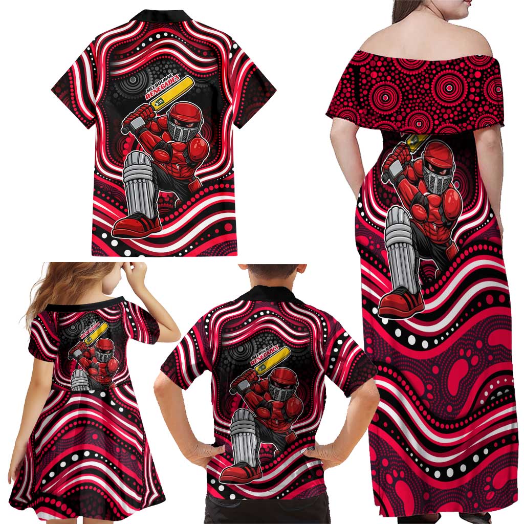 Melbourne Renegades Cricket Family Matching Off Shoulder Maxi Dress and Hawaiian Shirt Australian Cricket Mascot - Modern Indigenous Style