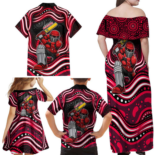 Melbourne Renegades Cricket Family Matching Off Shoulder Maxi Dress and Hawaiian Shirt Australian Cricket Mascot - Modern Indigenous Style