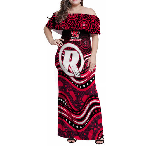 Melbourne Renegades Cricket Family Matching Off Shoulder Maxi Dress and Hawaiian Shirt Australian Cricket Mascot - Modern Indigenous Style