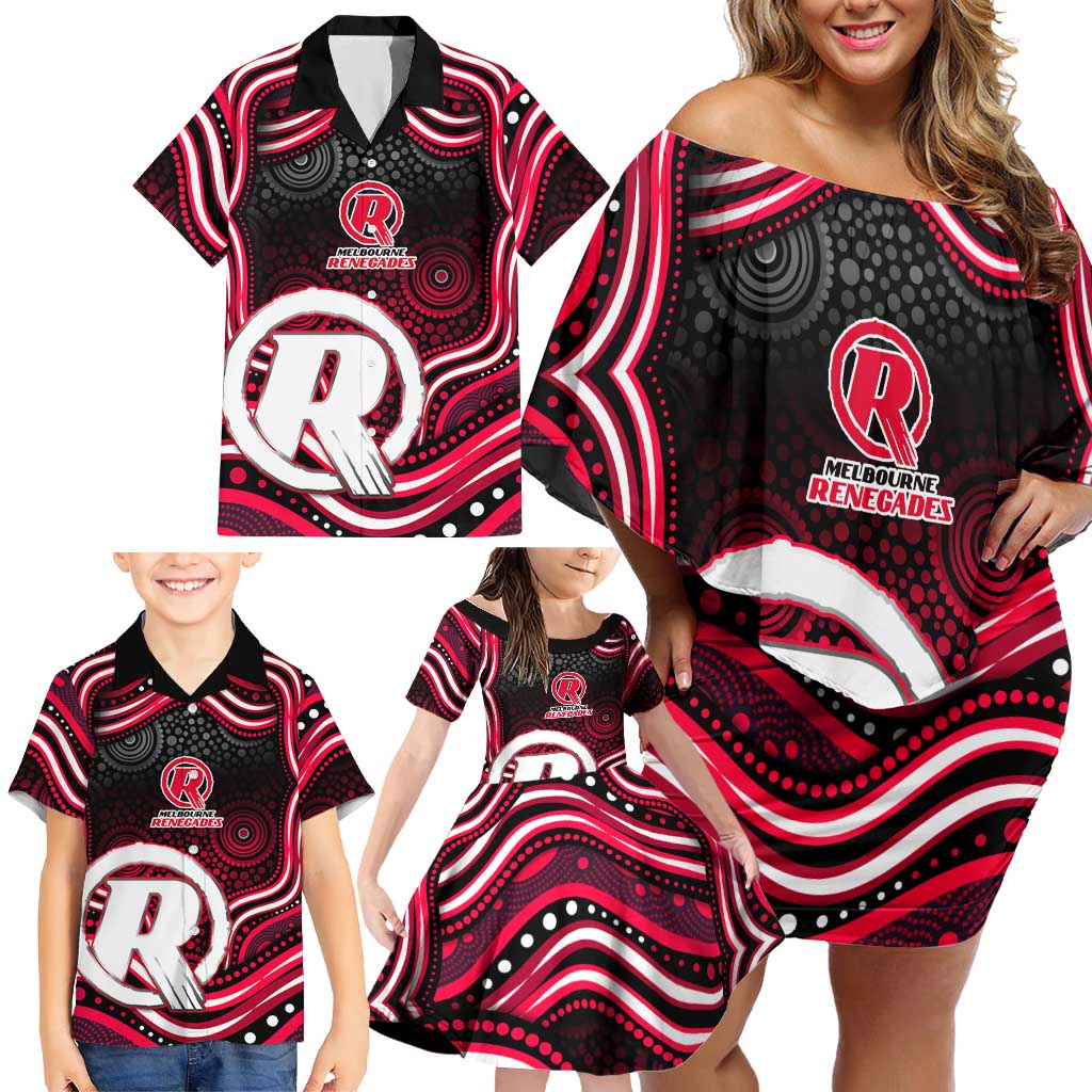 Melbourne Renegades Cricket Family Matching Off Shoulder Short Dress and Hawaiian Shirt Australian Cricket Mascot - Modern Indigenous Style