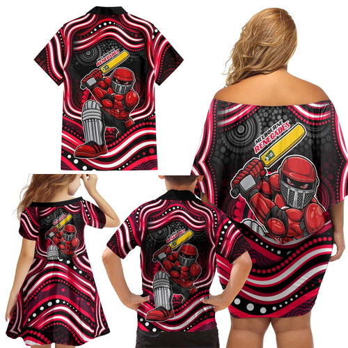 Melbourne Renegades Cricket Family Matching Off Shoulder Short Dress and Hawaiian Shirt Australian Cricket Mascot - Modern Indigenous Style