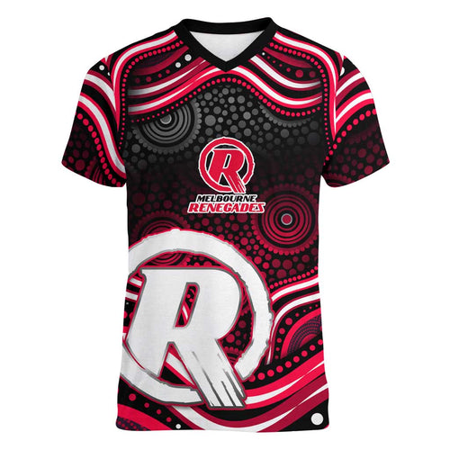 Melbourne Renegades Cricket Women V-Neck T-Shirt Australian Cricket Mascot - Modern Indigenous Style