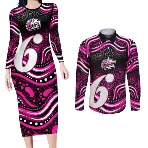 Sydney Sixers Cricket Couples Matching Long Sleeve Bodycon Dress and Long Sleeve Button Shirt Australian Cricket Mascot - Modern Indigenous Style