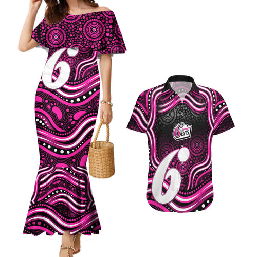 Sydney Sixers Cricket Couples Matching Mermaid Dress and Hawaiian Shirt Australian Cricket Mascot - Modern Indigenous Style