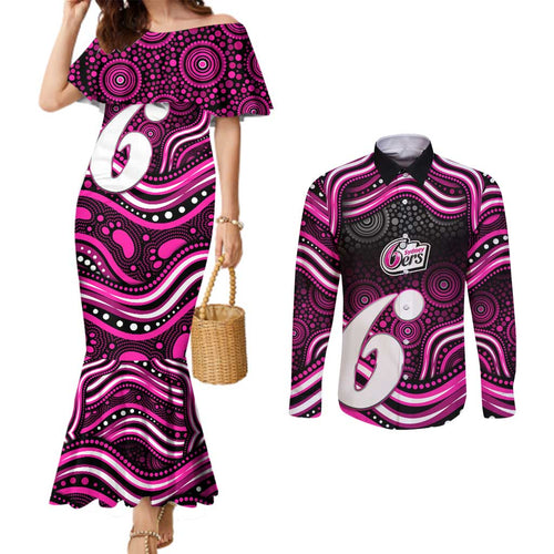 Sydney Sixers Cricket Couples Matching Mermaid Dress and Long Sleeve Button Shirt Australian Cricket Mascot - Modern Indigenous Style