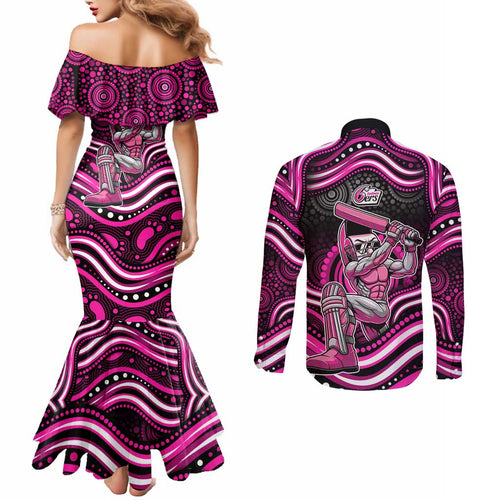Sydney Sixers Cricket Couples Matching Mermaid Dress and Long Sleeve Button Shirt Australian Cricket Mascot - Modern Indigenous Style