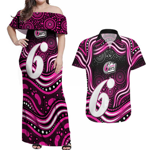 Sydney Sixers Cricket Couples Matching Off Shoulder Maxi Dress and Hawaiian Shirt Australian Cricket Mascot - Modern Indigenous Style