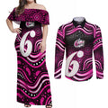 Sydney Sixers Cricket Couples Matching Off Shoulder Maxi Dress and Long Sleeve Button Shirt Australian Cricket Mascot - Modern Indigenous Style