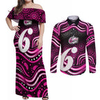 Sydney Sixers Cricket Couples Matching Off Shoulder Maxi Dress and Long Sleeve Button Shirt Australian Cricket Mascot - Modern Indigenous Style
