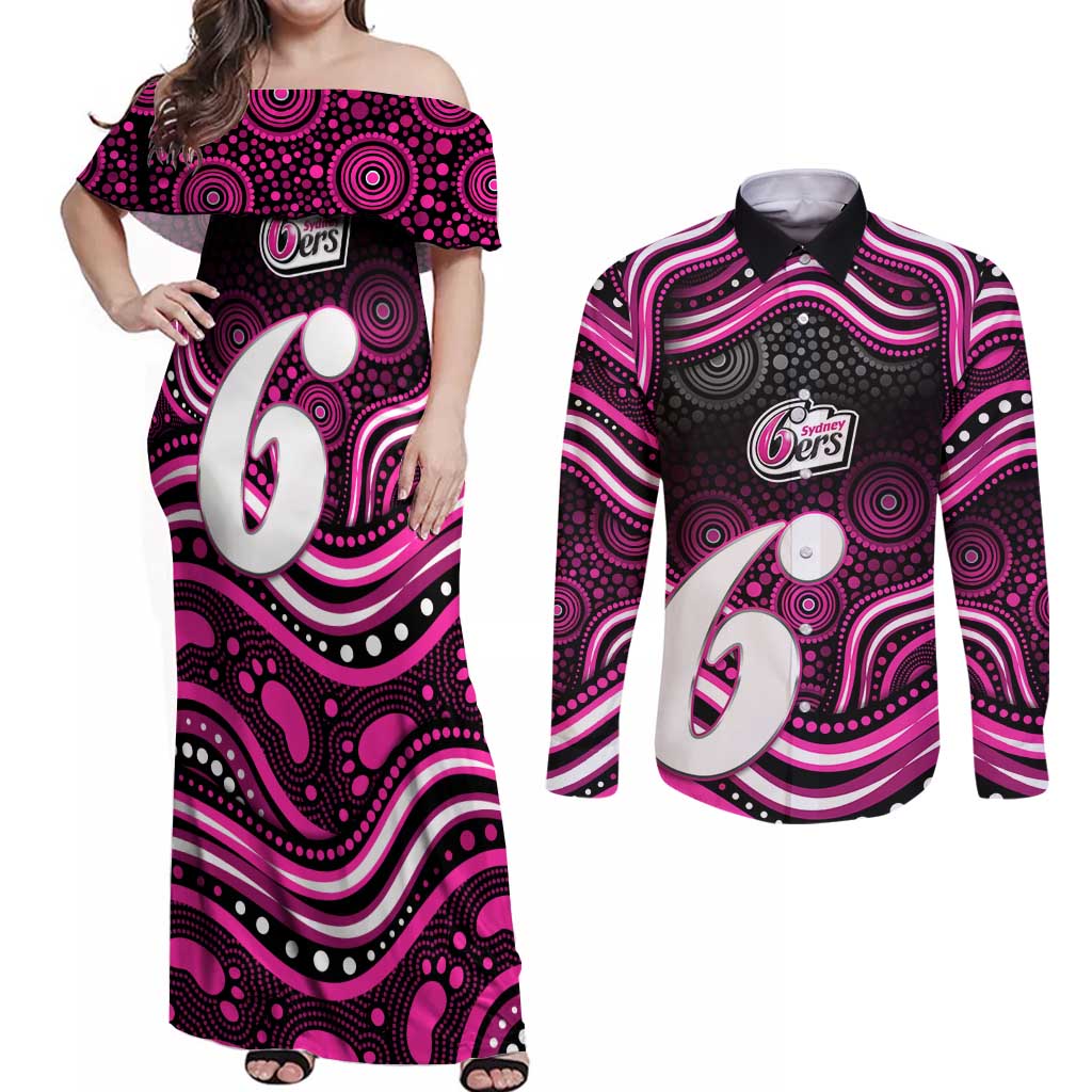 Sydney Sixers Cricket Couples Matching Off Shoulder Maxi Dress and Long Sleeve Button Shirt Australian Cricket Mascot - Modern Indigenous Style
