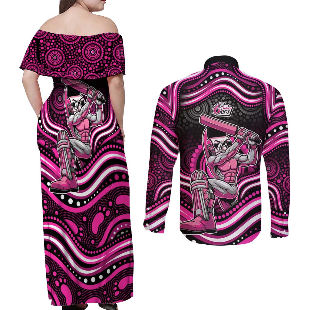 Sydney Sixers Cricket Couples Matching Off Shoulder Maxi Dress and Long Sleeve Button Shirt Australian Cricket Mascot - Modern Indigenous Style