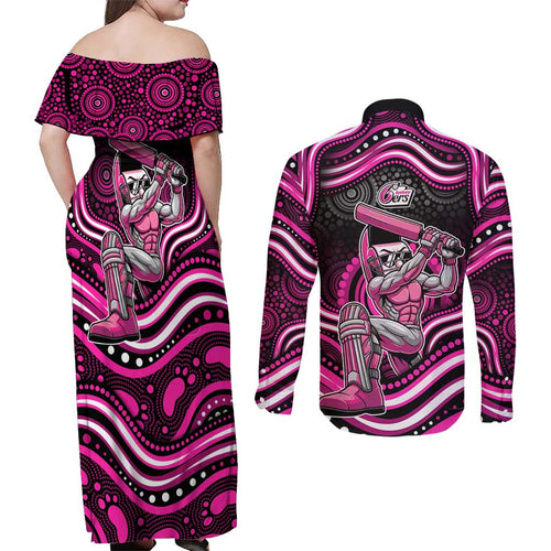 Sydney Sixers Cricket Couples Matching Off Shoulder Maxi Dress and Long Sleeve Button Shirt Australian Cricket Mascot - Modern Indigenous Style