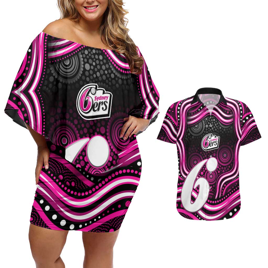 Sydney Sixers Cricket Couples Matching Off Shoulder Short Dress and Hawaiian Shirt Australian Cricket Mascot - Modern Indigenous Style
