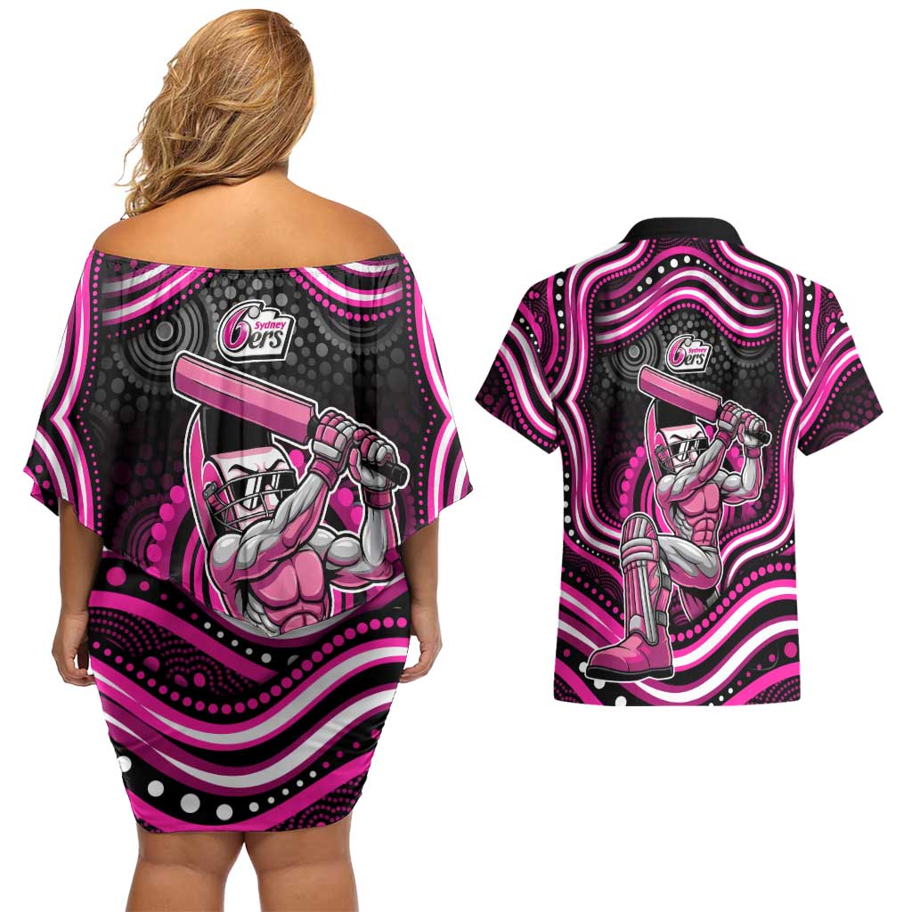 Sydney Sixers Cricket Couples Matching Off Shoulder Short Dress and Hawaiian Shirt Australian Cricket Mascot - Modern Indigenous Style