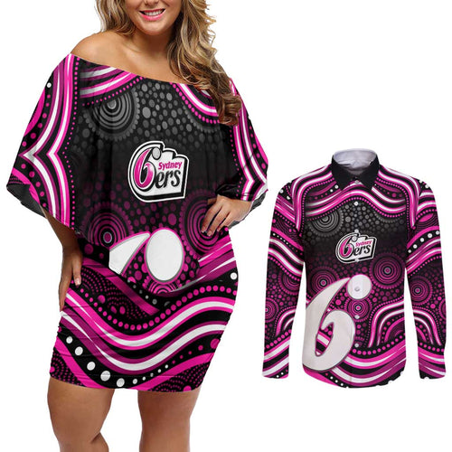 Sydney Sixers Cricket Couples Matching Off Shoulder Short Dress and Long Sleeve Button Shirt Australian Cricket Mascot - Modern Indigenous Style