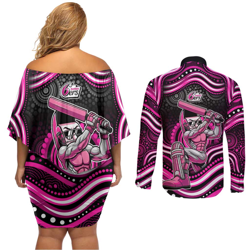 Sydney Sixers Cricket Couples Matching Off Shoulder Short Dress and Long Sleeve Button Shirt Australian Cricket Mascot - Modern Indigenous Style