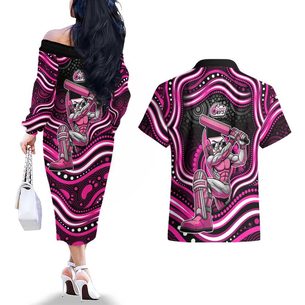 Sydney Sixers Cricket Couples Matching Off The Shoulder Long Sleeve Dress and Hawaiian Shirt Australian Cricket Mascot - Modern Indigenous Style