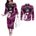 Sydney Sixers Cricket Couples Matching Off The Shoulder Long Sleeve Dress and Long Sleeve Button Shirt Australian Cricket Mascot - Modern Indigenous Style