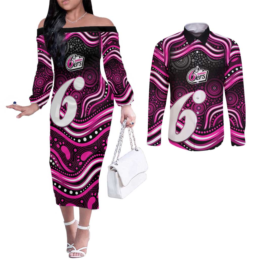 Sydney Sixers Cricket Couples Matching Off The Shoulder Long Sleeve Dress and Long Sleeve Button Shirt Australian Cricket Mascot - Modern Indigenous Style