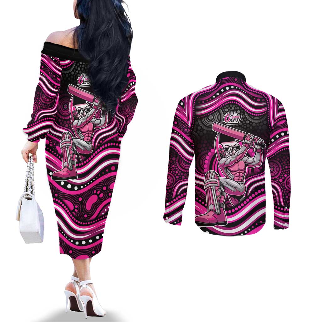 Sydney Sixers Cricket Couples Matching Off The Shoulder Long Sleeve Dress and Long Sleeve Button Shirt Australian Cricket Mascot - Modern Indigenous Style