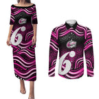 Sydney Sixers Cricket Couples Matching Puletasi and Long Sleeve Button Shirt Australian Cricket Mascot - Modern Indigenous Style