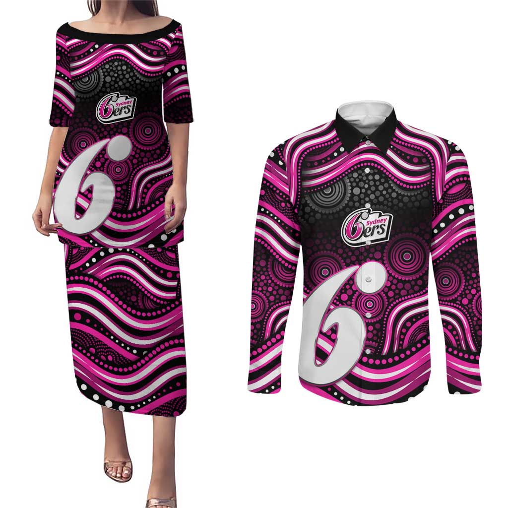 Sydney Sixers Cricket Couples Matching Puletasi and Long Sleeve Button Shirt Australian Cricket Mascot - Modern Indigenous Style