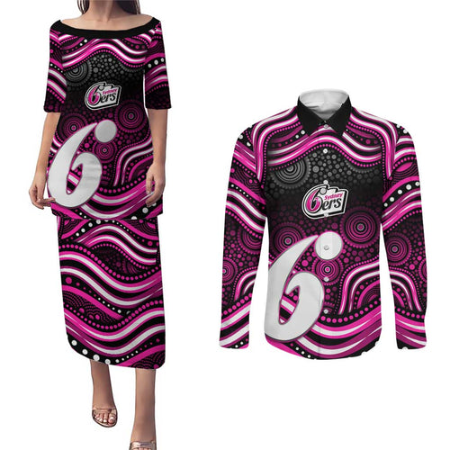 Sydney Sixers Cricket Couples Matching Puletasi and Long Sleeve Button Shirt Australian Cricket Mascot - Modern Indigenous Style