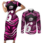 Sydney Sixers Cricket Couples Matching Short Sleeve Bodycon Dress and Long Sleeve Button Shirt Australian Cricket Mascot - Modern Indigenous Style