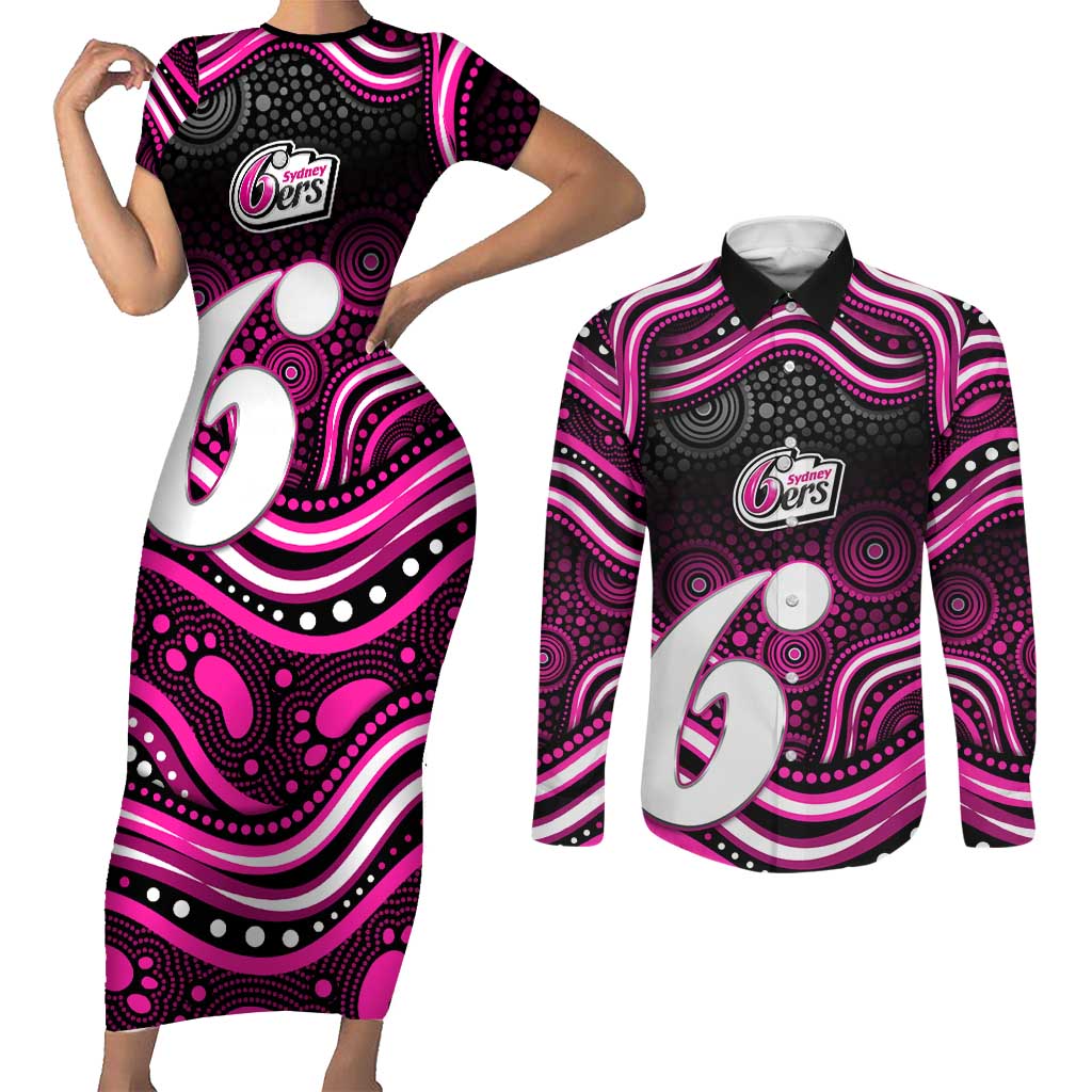 Sydney Sixers Cricket Couples Matching Short Sleeve Bodycon Dress and Long Sleeve Button Shirt Australian Cricket Mascot - Modern Indigenous Style