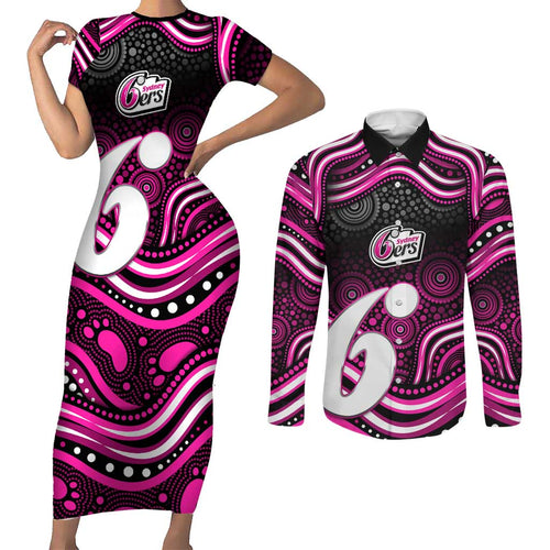 Sydney Sixers Cricket Couples Matching Short Sleeve Bodycon Dress and Long Sleeve Button Shirt Australian Cricket Mascot - Modern Indigenous Style