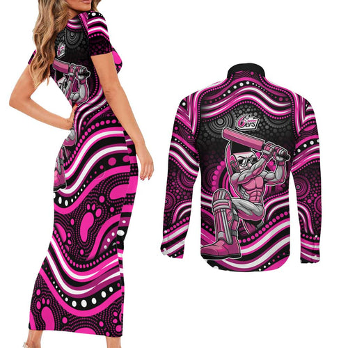 Sydney Sixers Cricket Couples Matching Short Sleeve Bodycon Dress and Long Sleeve Button Shirt Australian Cricket Mascot - Modern Indigenous Style