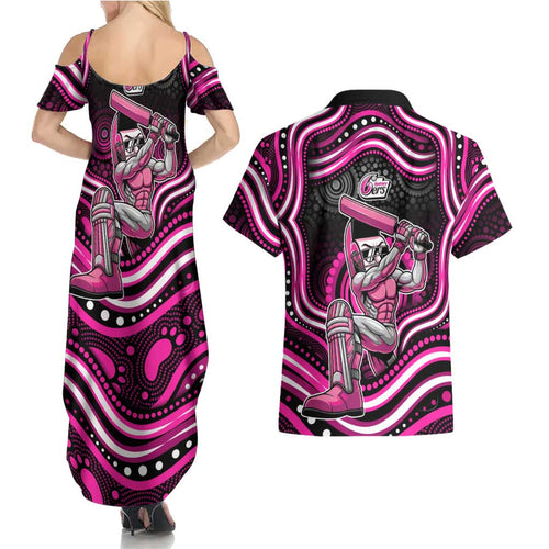 Sydney Sixers Cricket Couples Matching Summer Maxi Dress and Hawaiian Shirt Australian Cricket Mascot - Modern Indigenous Style