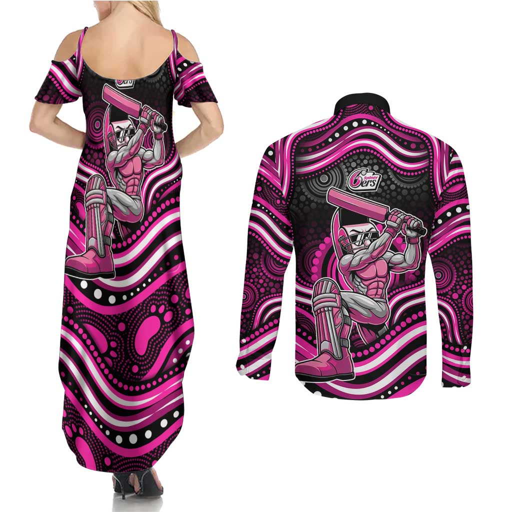 Sydney Sixers Cricket Couples Matching Summer Maxi Dress and Long Sleeve Button Shirt Australian Cricket Mascot - Modern Indigenous Style