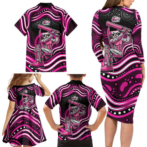 Sydney Sixers Cricket Family Matching Long Sleeve Bodycon Dress and Hawaiian Shirt Australian Cricket Mascot - Modern Indigenous Style