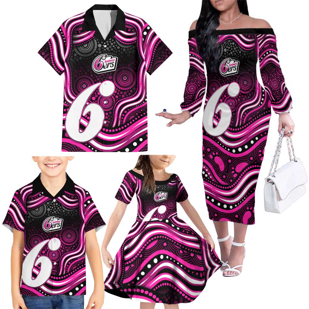Sydney Sixers Cricket Family Matching Off The Shoulder Long Sleeve Dress and Hawaiian Shirt Australian Cricket Mascot - Modern Indigenous Style