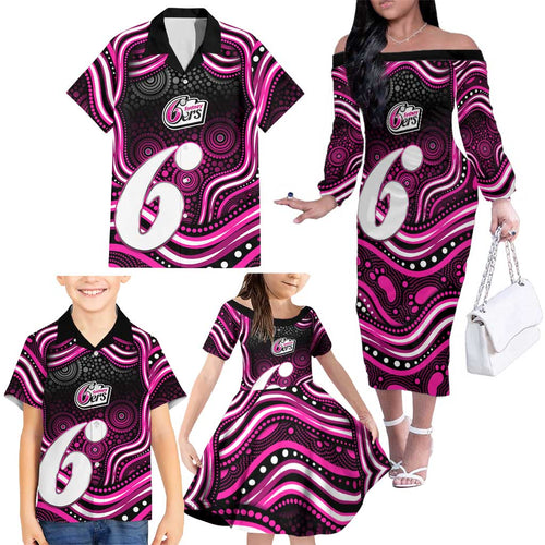 Sydney Sixers Cricket Family Matching Off The Shoulder Long Sleeve Dress and Hawaiian Shirt Australian Cricket Mascot - Modern Indigenous Style