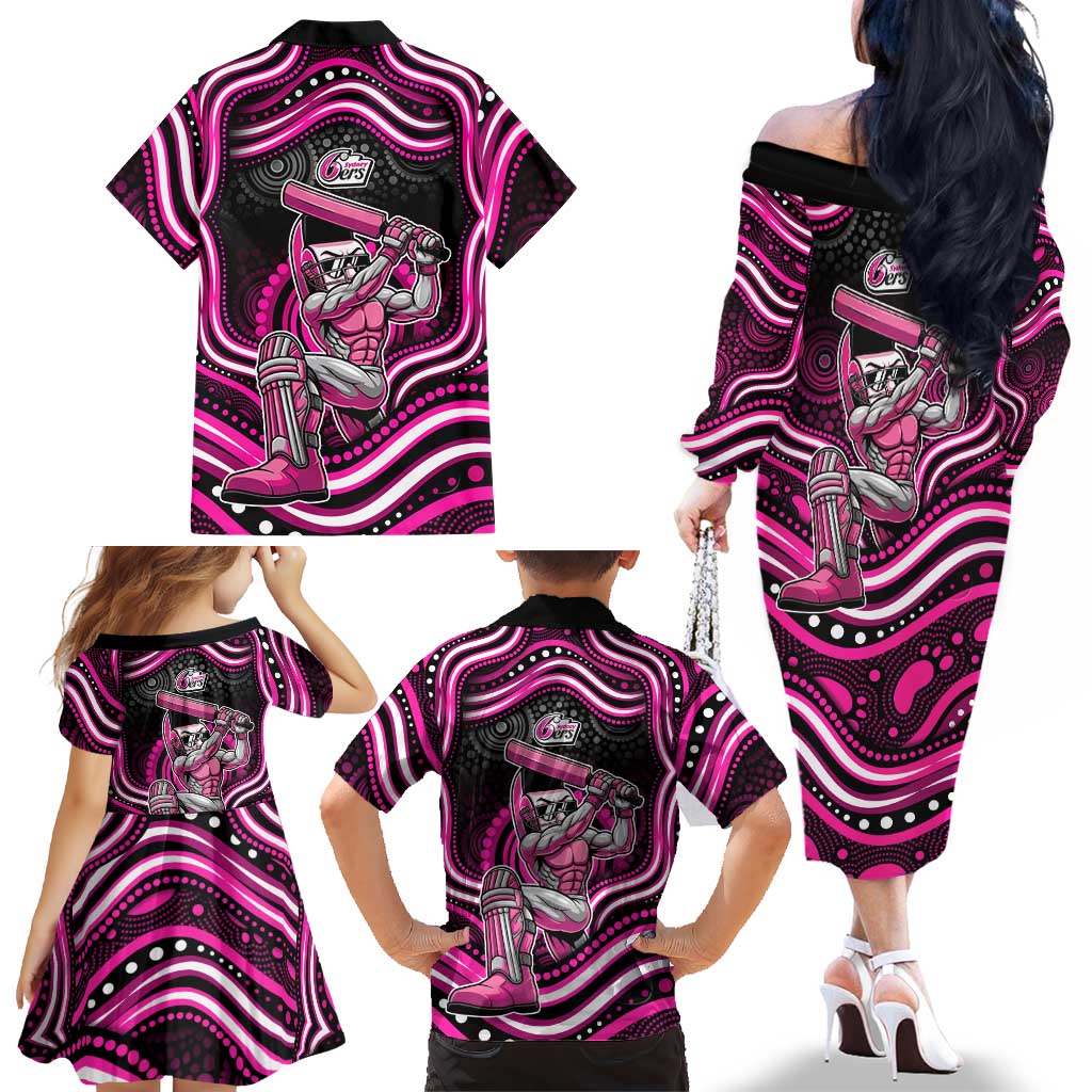 Sydney Sixers Cricket Family Matching Off The Shoulder Long Sleeve Dress and Hawaiian Shirt Australian Cricket Mascot - Modern Indigenous Style